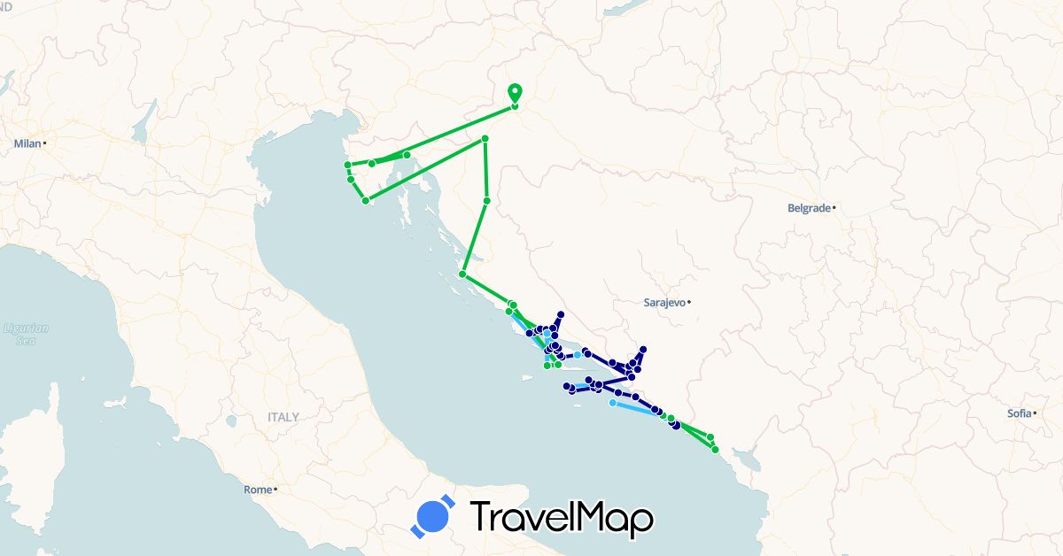 TravelMap itinerary: driving, bus, plane, boat in Bosnia and Herzegovina, Croatia, Montenegro (Europe)